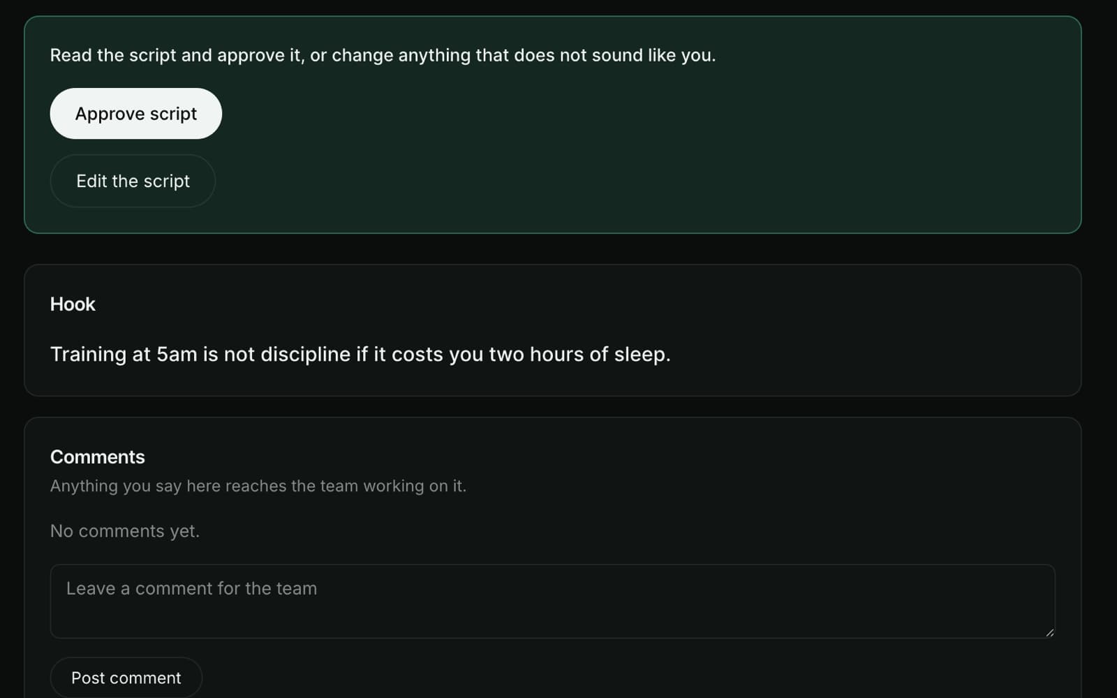Axurium Portal script approval screen: read the script and approve it or change anything that does not sound like you, with approve script and edit the script buttons, the hook, and a comment box that reaches the team