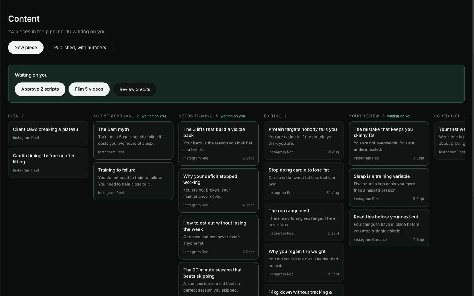 Axurium Portal content pipeline: 24 pieces across idea, script approval, needs filming, editing, your review and scheduled columns, with a waiting on you bar above